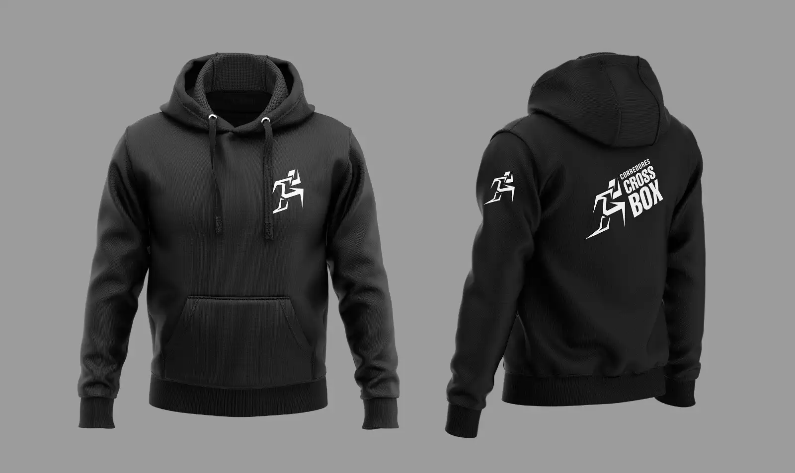 Diseño de buzo negro con capucha, frente y espalda, con el logo de Corredores Cross Box estampado en blanco