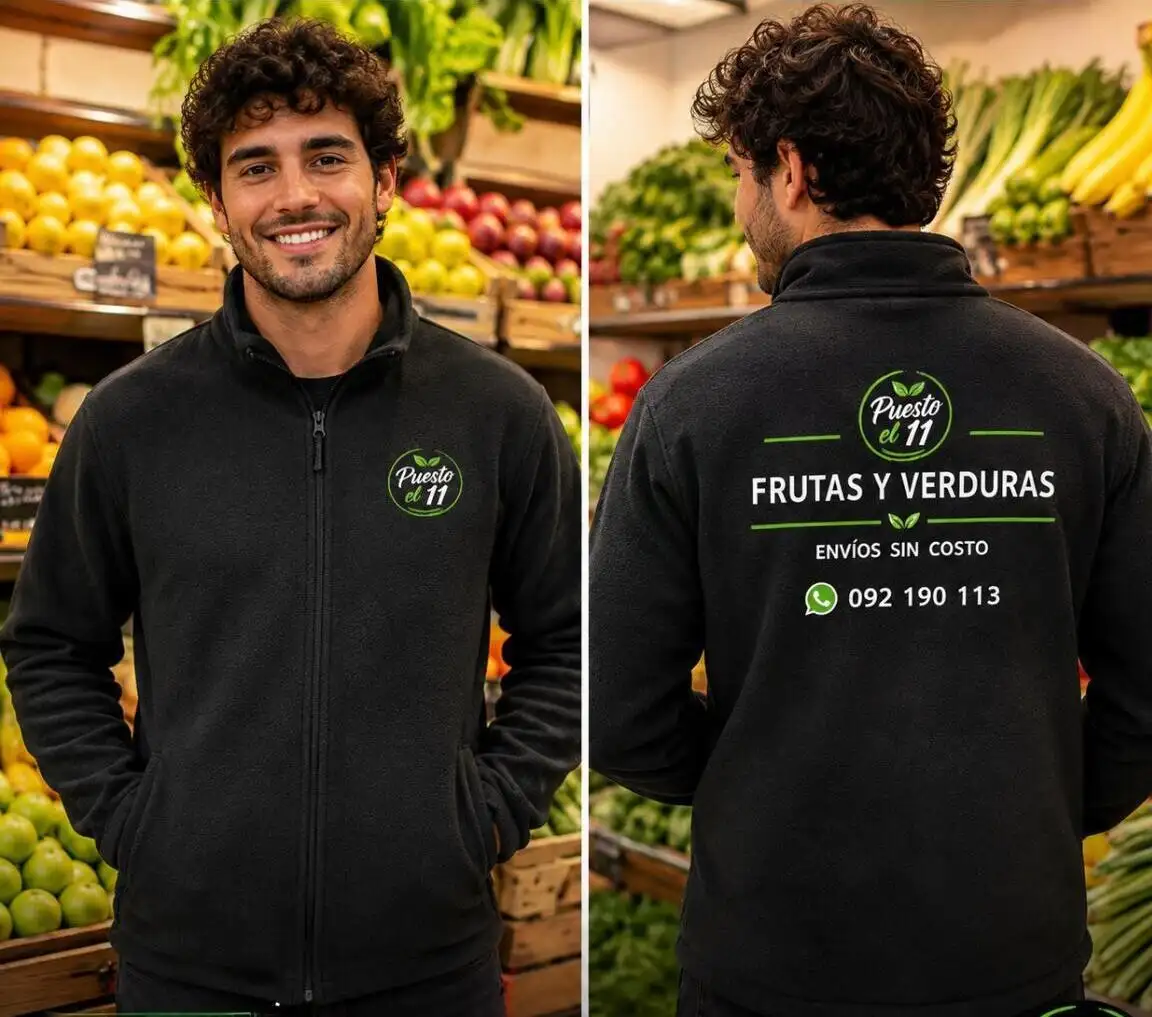 Campera polar negra con el logo de Puesto el 11 bordado en el pecho y los datos de contacto en la espalda