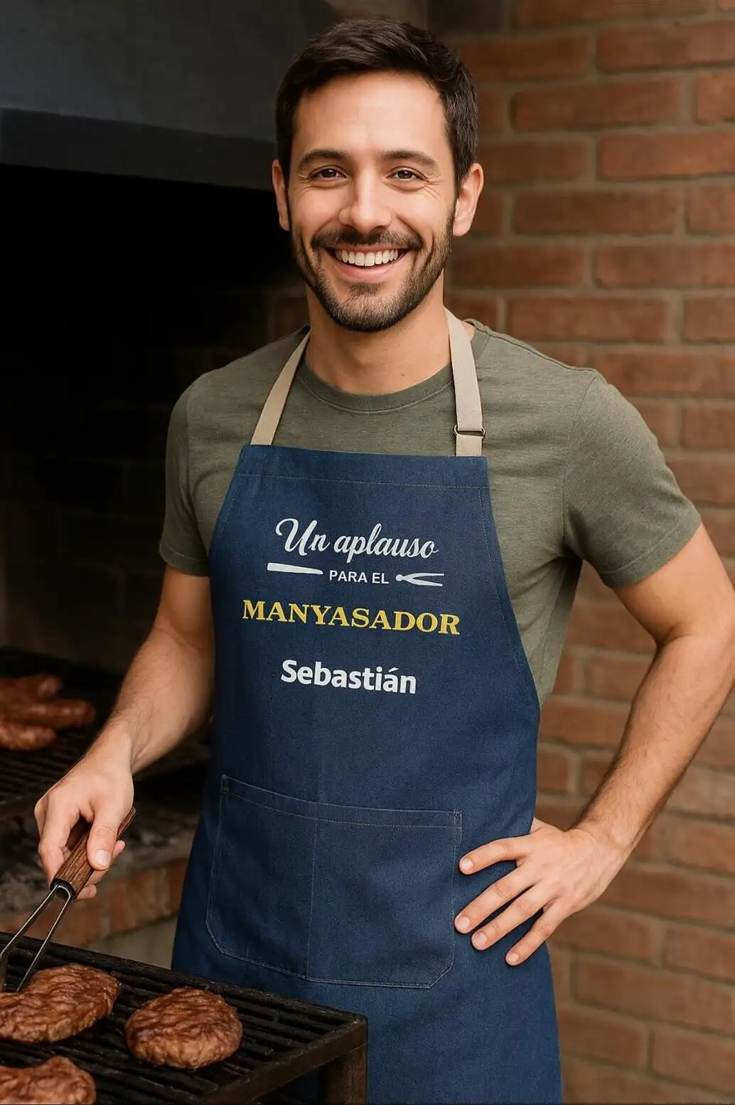 Persona en la parrilla con un delantal de jean bordado que dice “Un aplauso para el manyasador Sebastián”