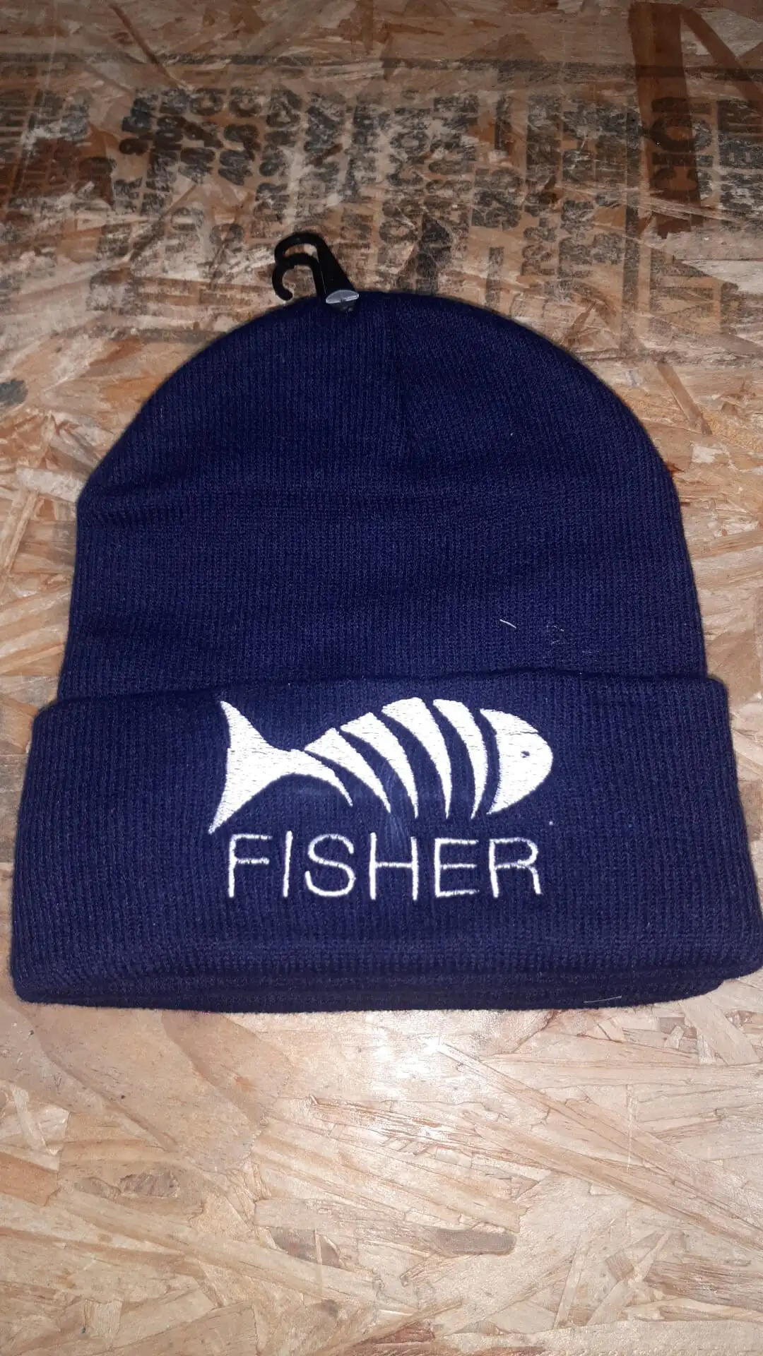 Gorro de lana azul bordado con el logo de espina de pescado de Fisher
