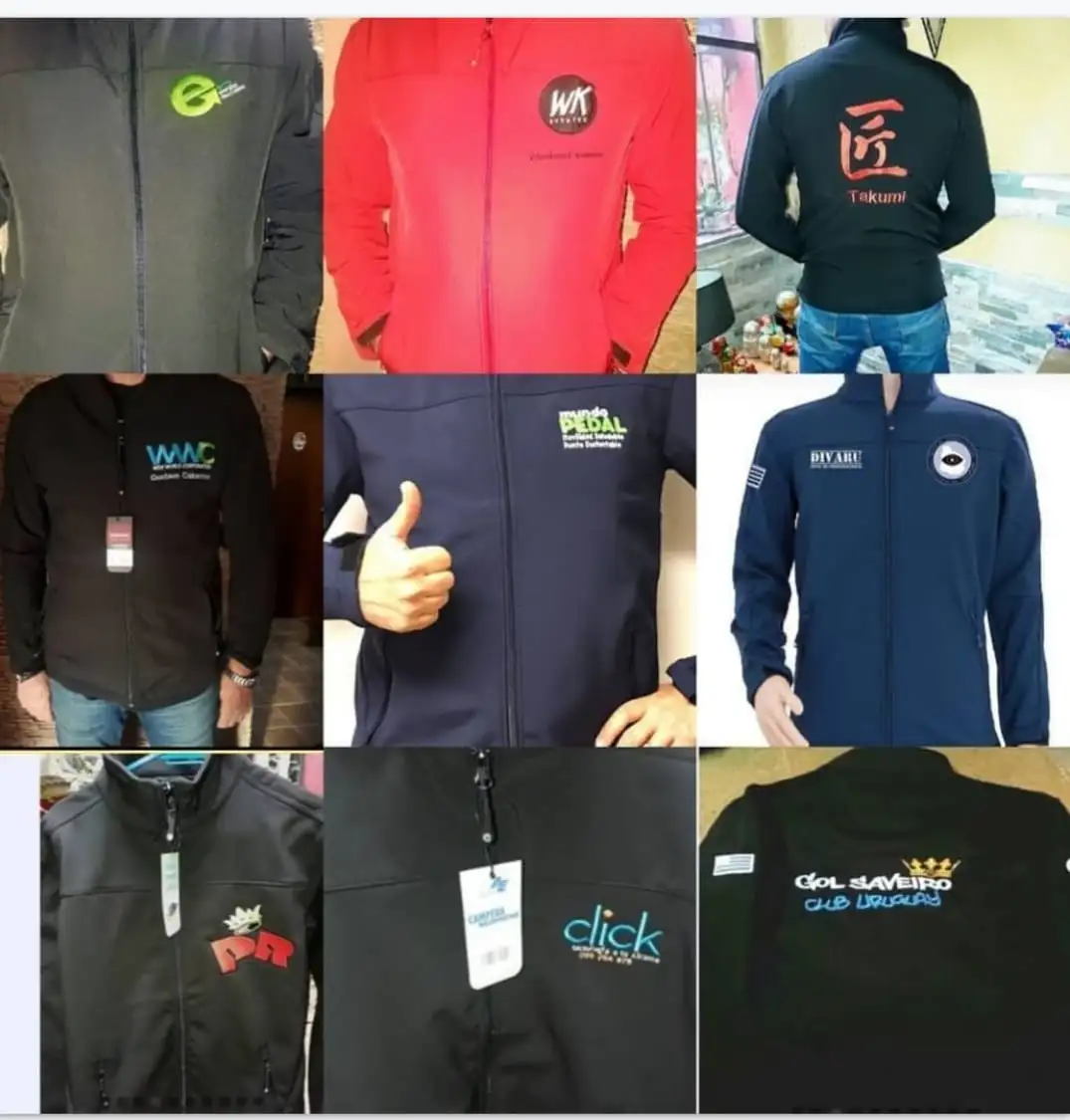 Collage de nueve camperas softshell bordadas con logos de empresas distintas, incluyendo Divaru, Takumi, WK y Mundo Pedal